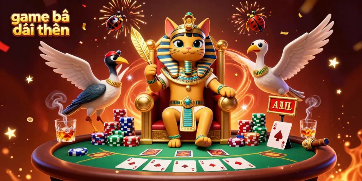 Bid and win big with game bài đổi thưởng at the vibrant casino scene featuring an Egyptian pharaoh cat, chips, and cards.