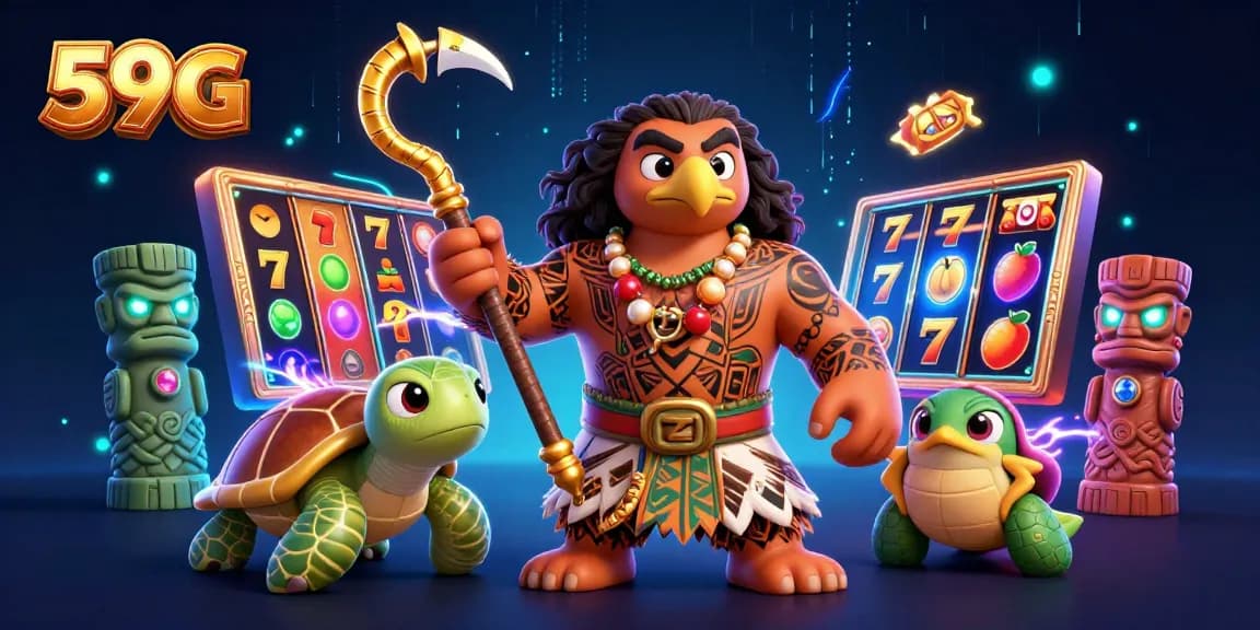 Enjoy thrilling gameplay with 59G as a colorful Polynesian demigod and a turtle sidekick in a dynamic slots adventure.