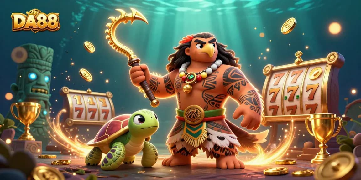 Experience the thrill of DA88 with dynamic slot reels and a Polynesian demigod in action.