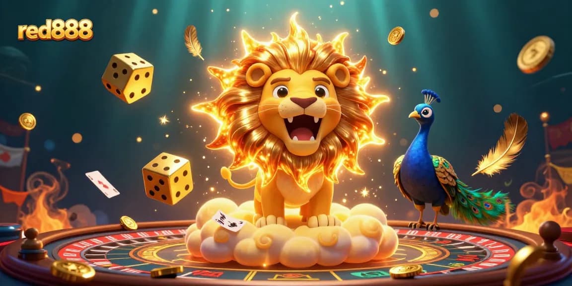 Experience excitement with red888 as a vibrant lion roars amid golden casino elements.