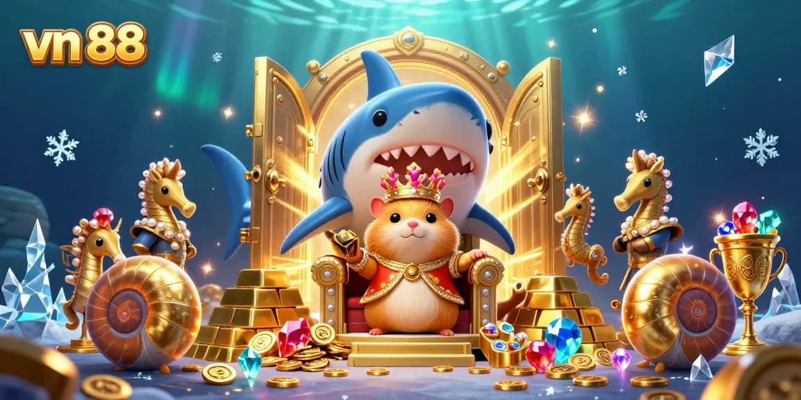 Experience slot excitement with vn 88's vibrant treasures and 3D characters in this underwater illustration.