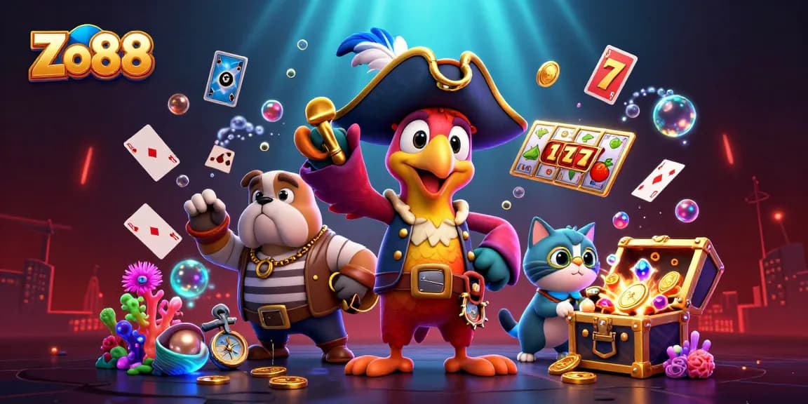 Engage with Zo88's thrilling slot games amid a vibrant 3D pirate scene adorned with treasure.