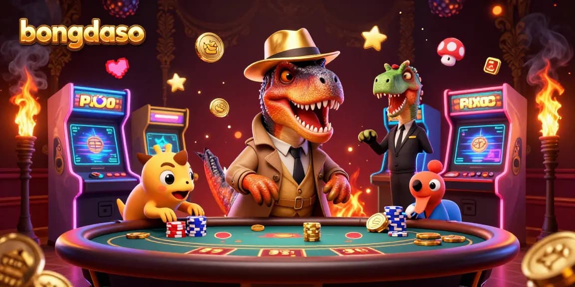 Bongdaso casino scene featuring a velociraptor card counter, a suspicious pit boss, and a sneaky compy amidst vibrant gaming elements.