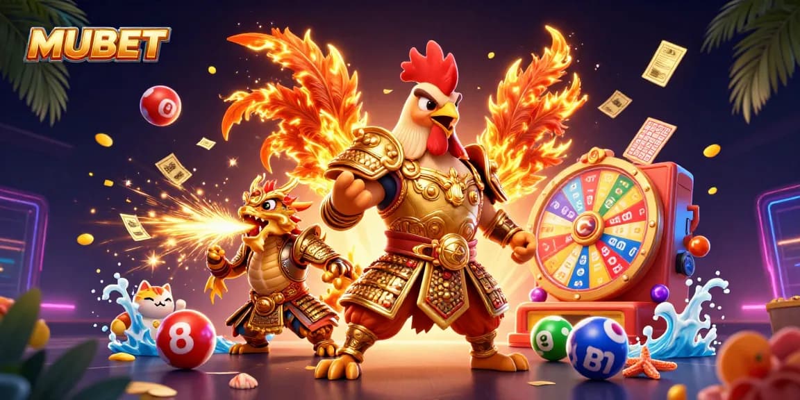 MUBET showcases an exciting 3D illustration of a rooster warrior and a dragon, surrounded by vibrant gambling elements.