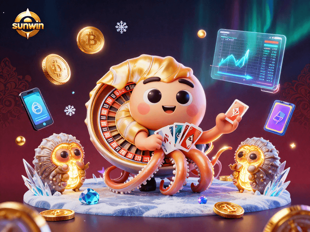 Experience thrilling sunwin gameplay with colorful coins and glowing characters in a vibrant online casino illustration.
