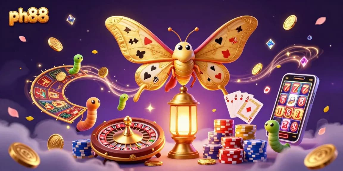 Experience the thrill of ph88 with a vibrant casino scene featuring a majestic moth and golden gaming elements.