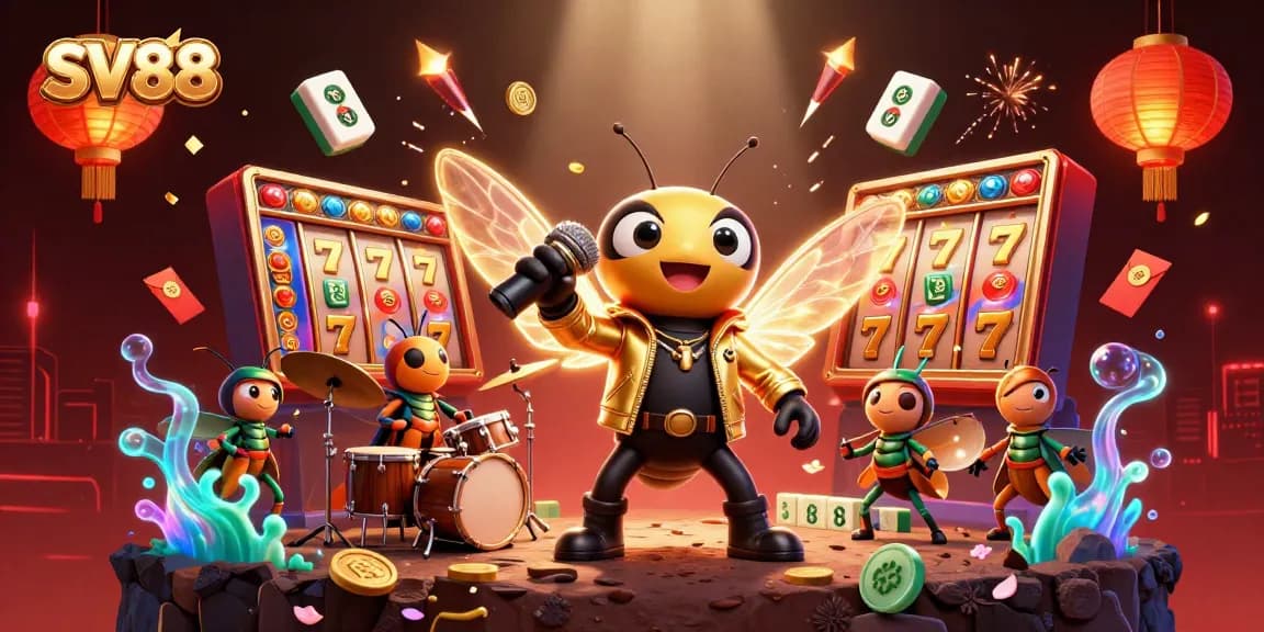 SV88 invigorates the casino scene with a vibrant 3D illustration of a rock star cicada, spinning slot reels, and festive elements.