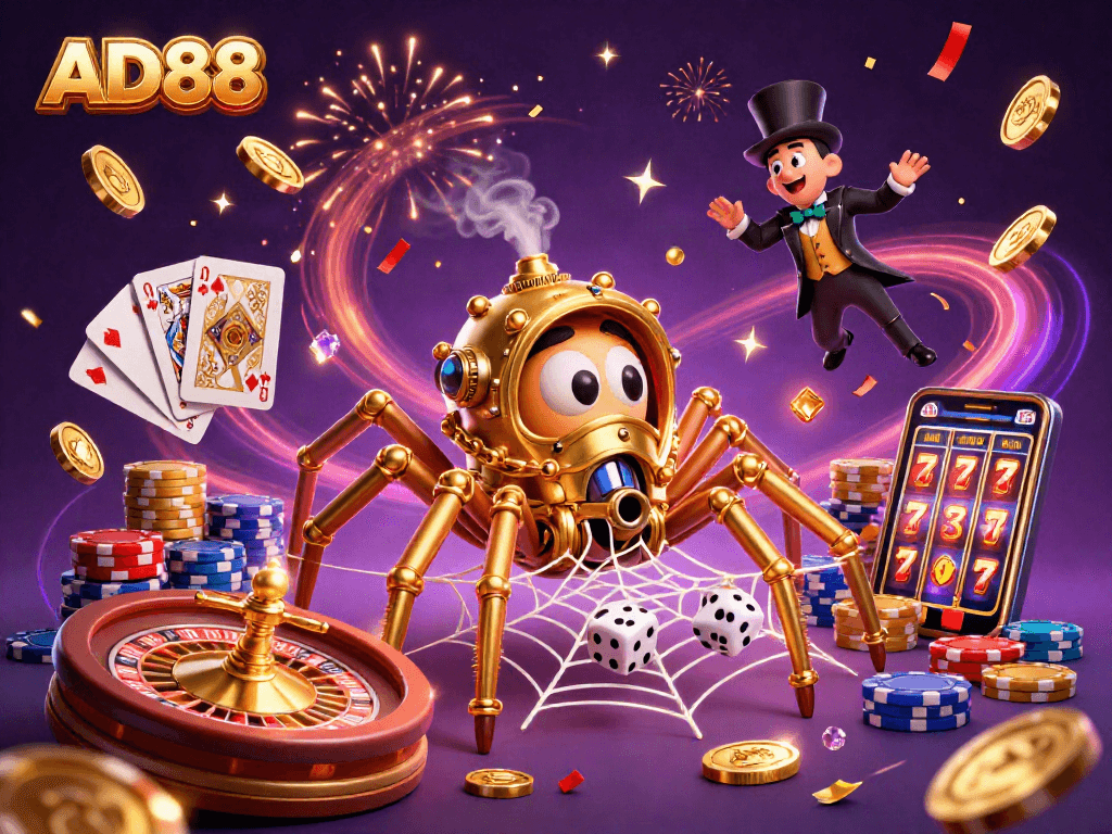 Spin and win big with AD88 in a vibrant casino scene featuring steampunk elements and golden treasures.