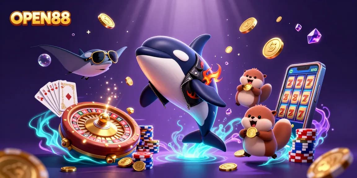 Experience thrilling online gaming at OPEN88, where a cartoon orca, stingray, and otters enjoy vibrant casino elements.