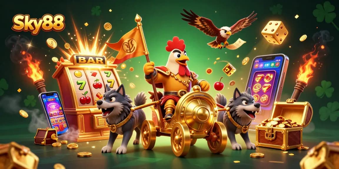 Sky88 showcases a captivating battle-themed casino scene with vibrant characters and exciting gambling elements.