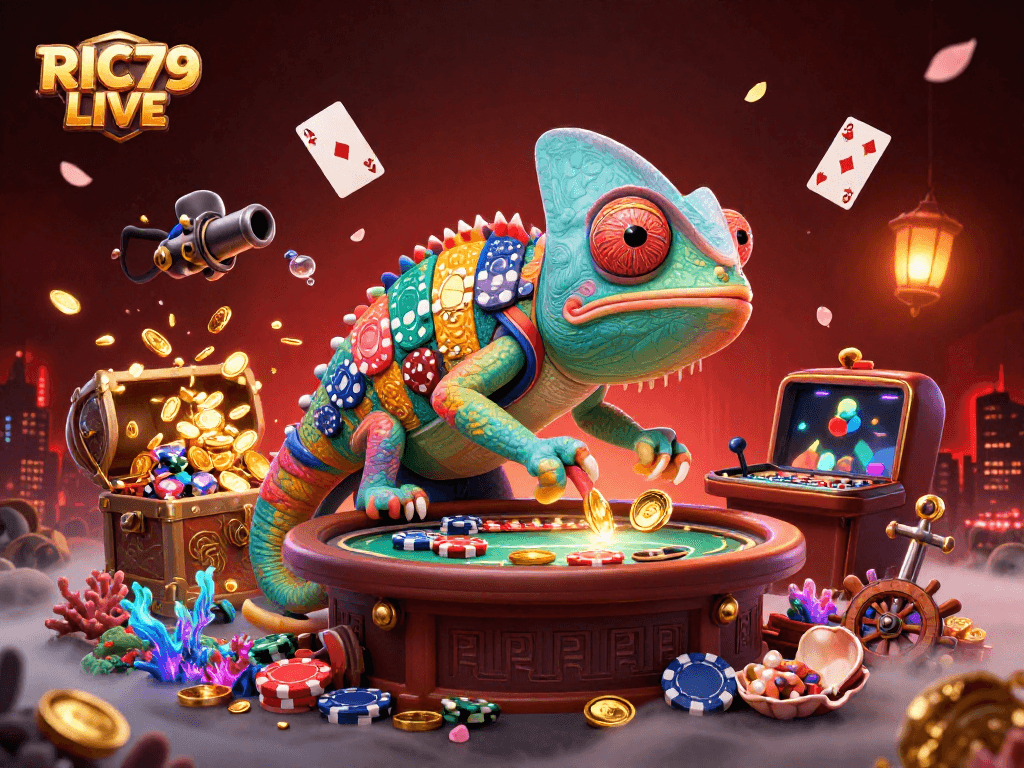Experience RIC79 LIVE with a vibrant casino scene featuring a chameleon owner and gold coins.