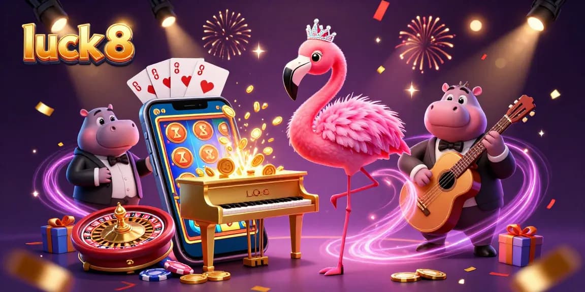Spin vibrant slot games with luck 8 featuring lively flamingo and hippo performers.