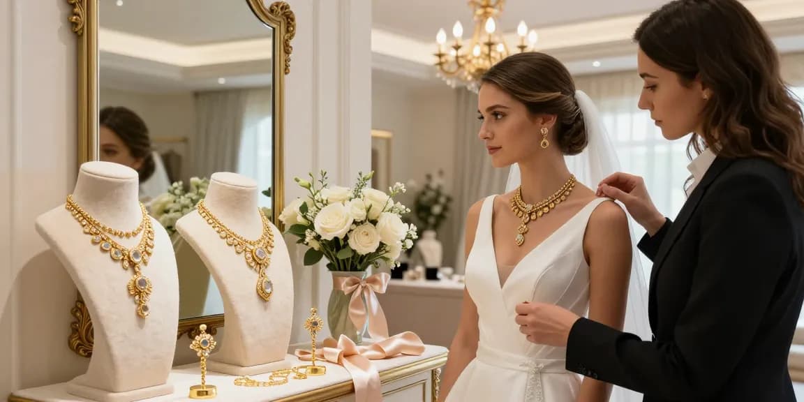 Bridal gold jewellery set showcased in an elegant boutique, enhancing the bride's beauty.