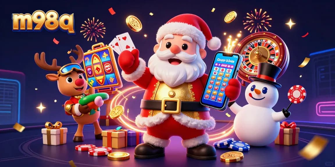 Join the fun with m98 q as Santa, a reindeer dealer, and a poker chip snowman cheer on jackpot slots!