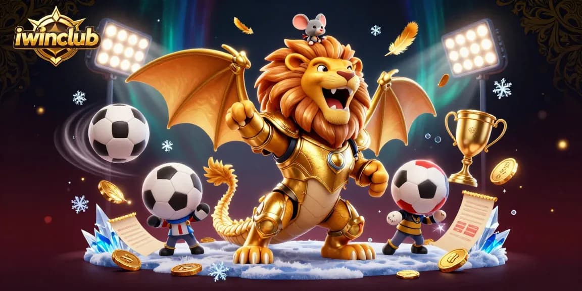 Iwinclub shows an epic 3D chimera dominating a casino, mixing sports elements and dazzling details.