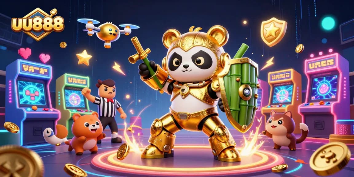 Experience winning moments with uu888 in a dynamic casino-themed 3D arena illustration.