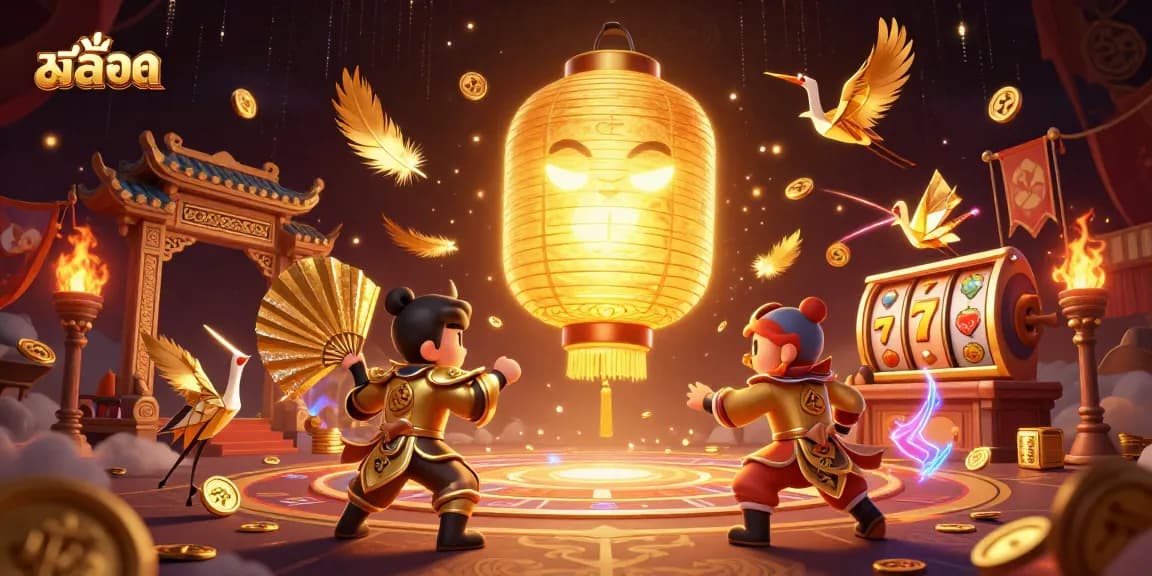 Engage in thrilling สล็อต gameplay with vibrant, festive 3D casino scene full of lucky symbols