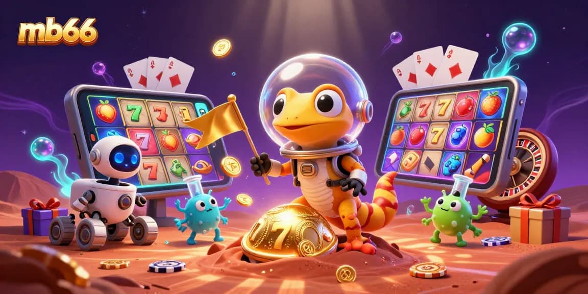 Experience an mb66 golden casino adventure with a Martian gecko amidst vibrant gambling excitement.