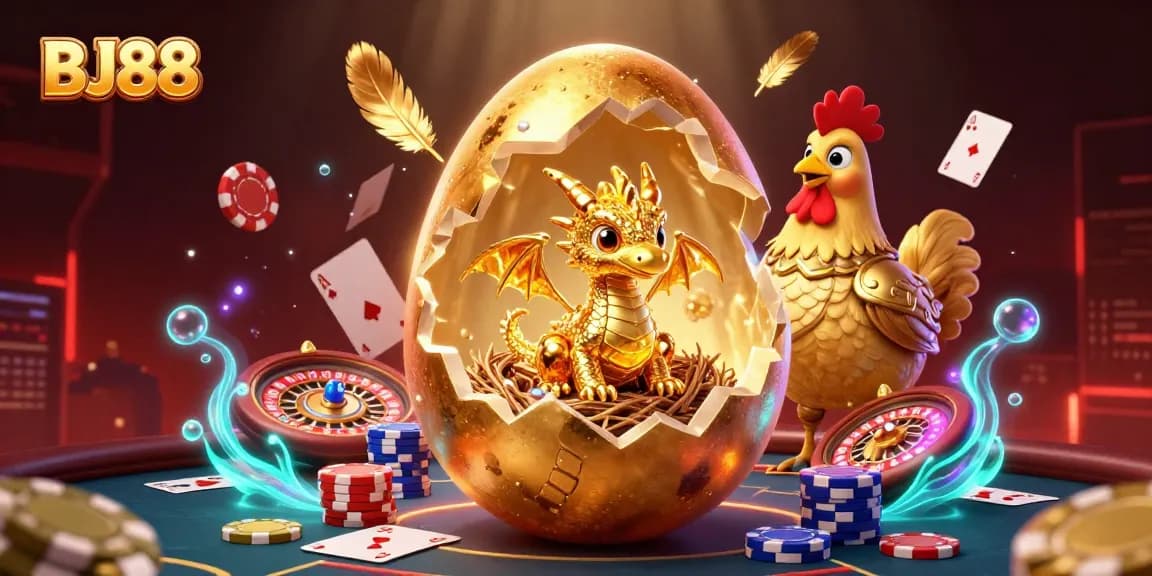 Bet big with BJ88 Casino featuring a golden dragon and poker elements in a dynamic illustration.