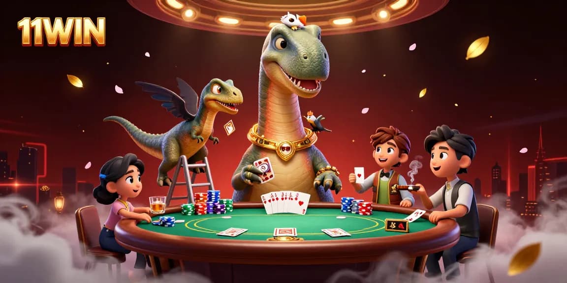 Deal cards with the clever raptor at the 11WIN poker table featuring a towering dinosaur.