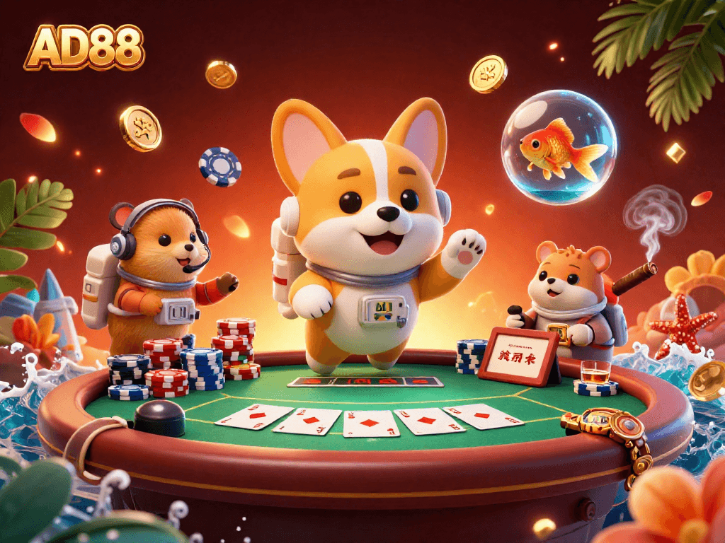 Experience AD88 with a floating corgi and vibrant poker atmosphere in a thrilling space casino.