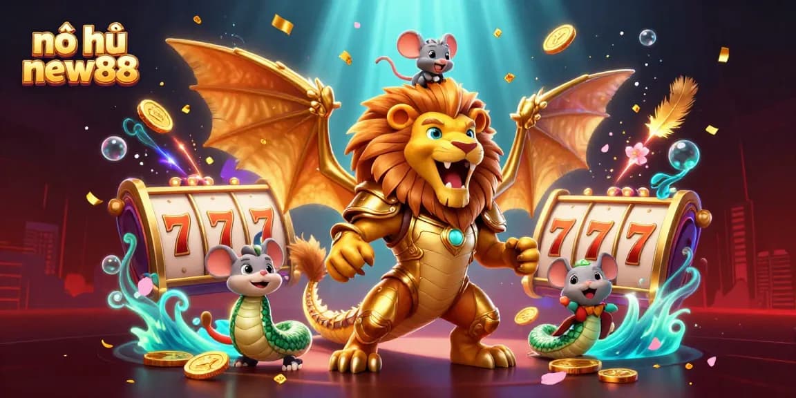 Nổ hũ new88 jackpot excitement with a vibrant 3D scene showcasing golden slot reels and a chimera.