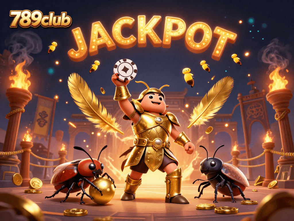 Experience the thrill of 789club with a 3D hero beetle celebrating a big win under magical lights.