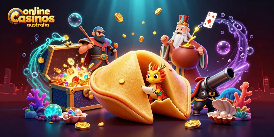 Experience online casinos australia with a vibrant illustration showcasing a golden fortune cookie and dynamic gambling elements.