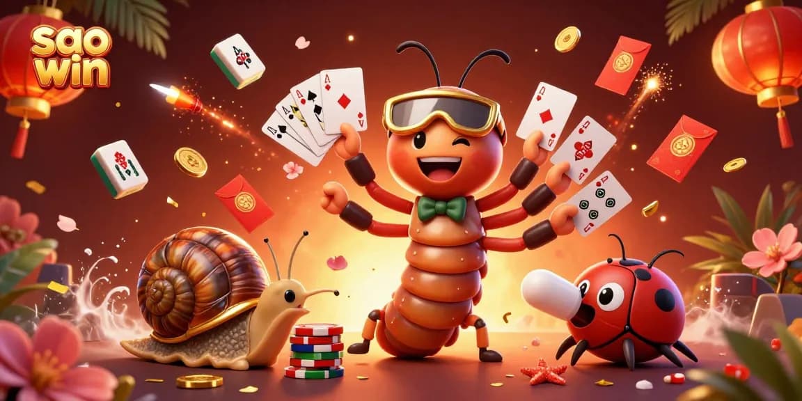 Savor the thrilling sao win gaming experience with a cartoon millipede dealer and vibrant casino elements.
