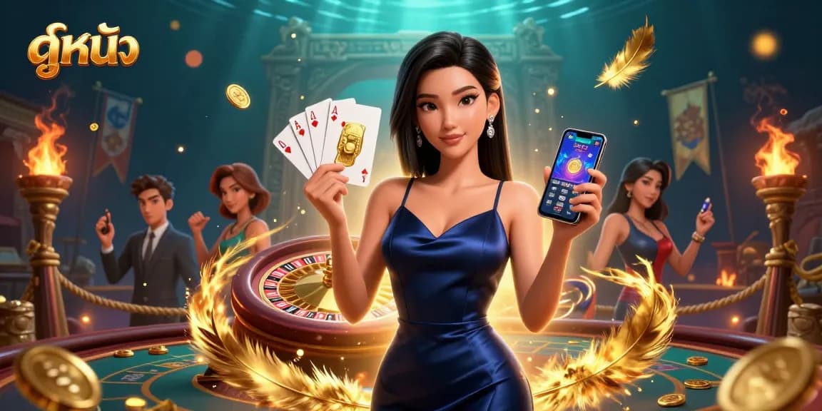 ดูหนัง and play at the casino with a stunning Asian woman and roulette wheel, capturing excitement.