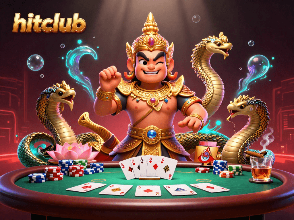 Hitclub delivers a vibrant casino scene with a yaksha guardian, poker chips, and glowing elements.