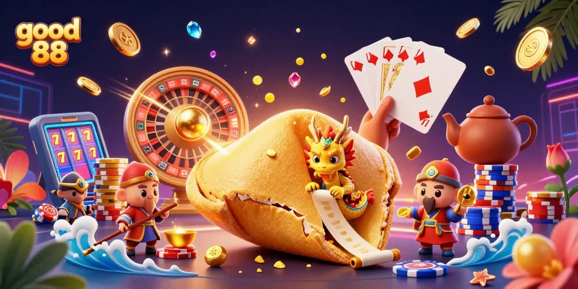 Experience exciting gambling adventures with good 88, featuring fortune cookie magic and casino elements.