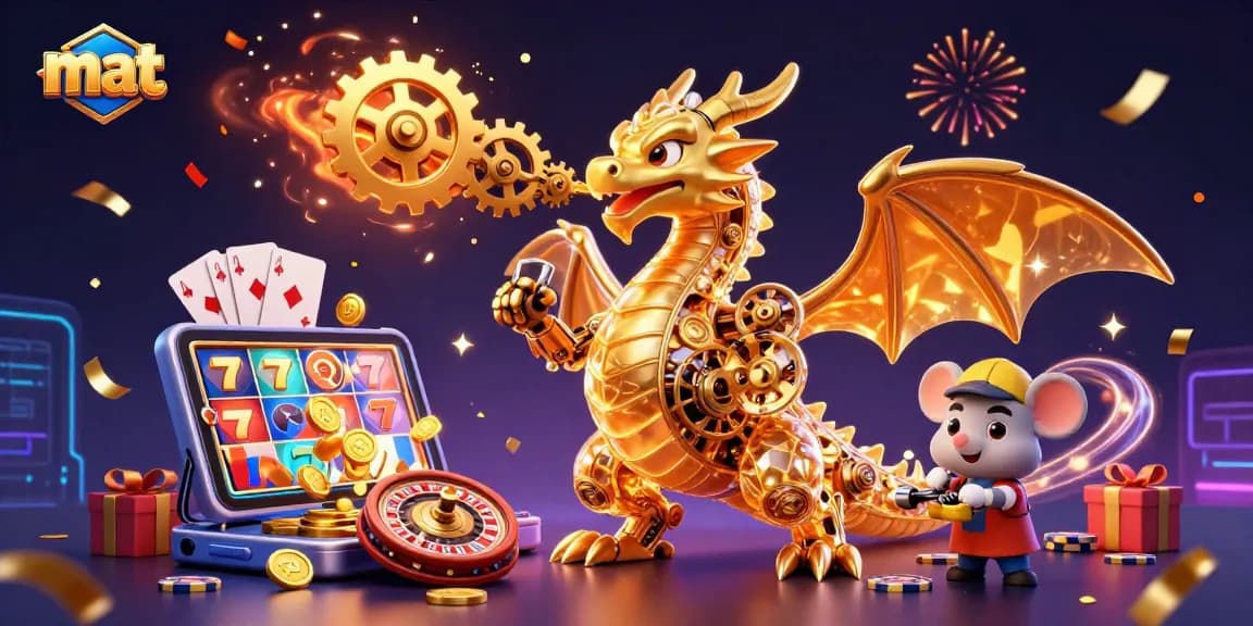 Experience the thrill of mat-themed gambling with a vibrant slot game dragon illustration.