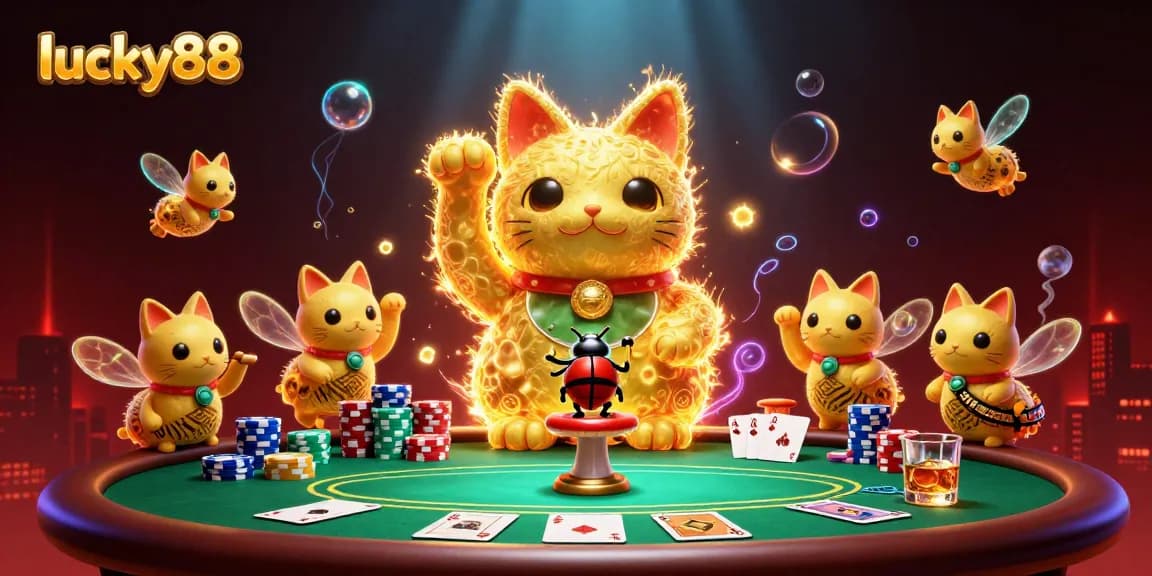 Experience thrilling actions at lucky88 with an animated lucky cat and poker ambiance.