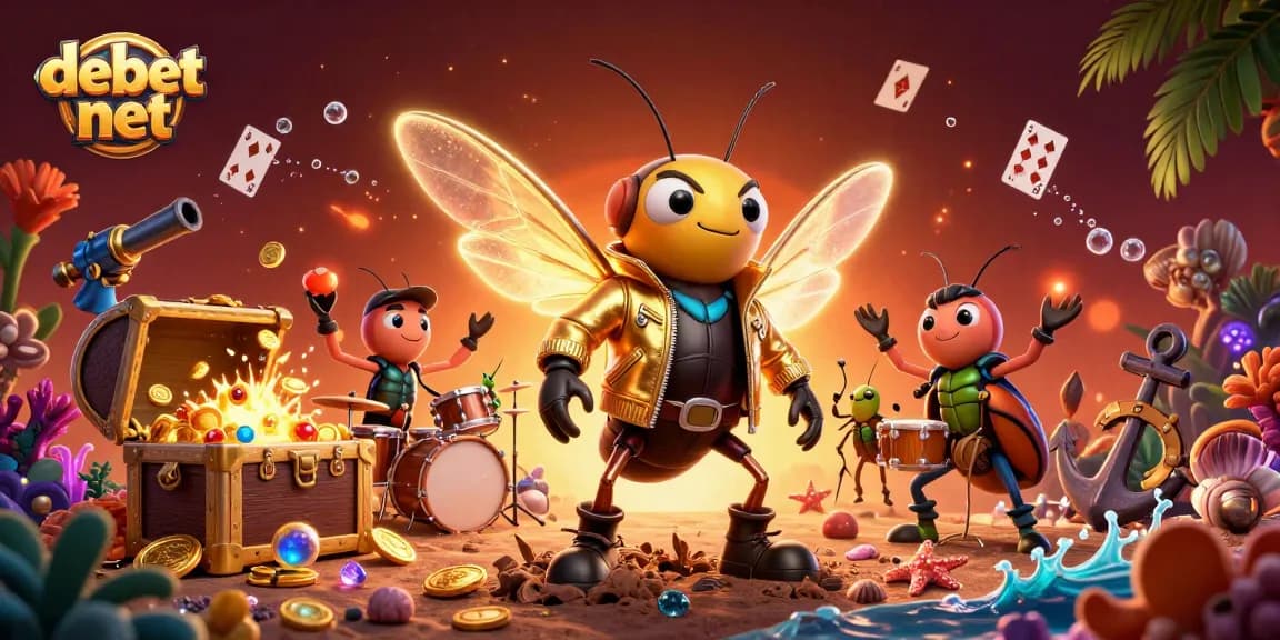 Engage with the vibrant scene of debet net showcasing a 3D cicada rock star and casino elements.