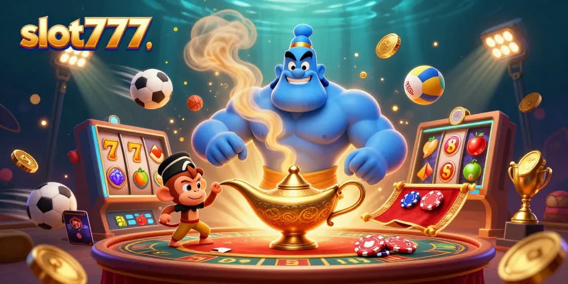 Engage in thrilling gameplay with slot777, featuring a captivating genie flying out of a lamp amidst vibrant casino elements.