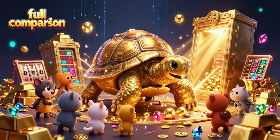 Full comparison of online casino features in a vibrant 3D illustration showcasing a golden tortoise pinball machine.
