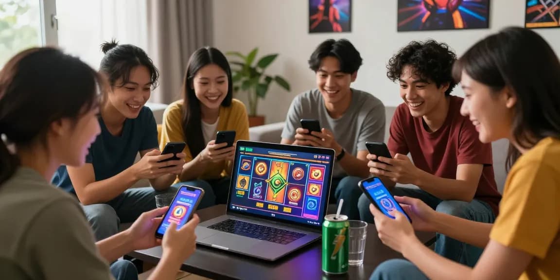 Excited group enjoying situs slot deposit 10 ribu gaming session together.