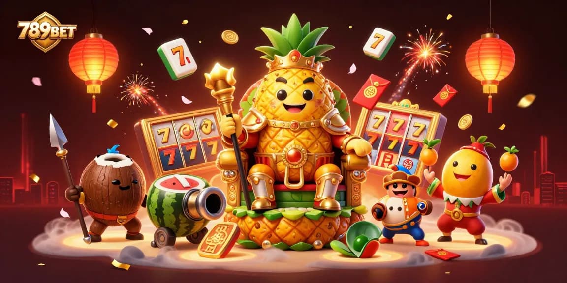 389BET casino illustration featuring a golden pineapple king with colorful game elements for an immersive experience