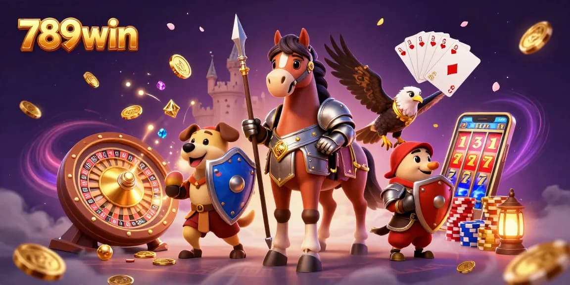 Experience thrilling gameplay with 789win, featuring a knight, squire puppy, and falcon in an exciting casino scene.