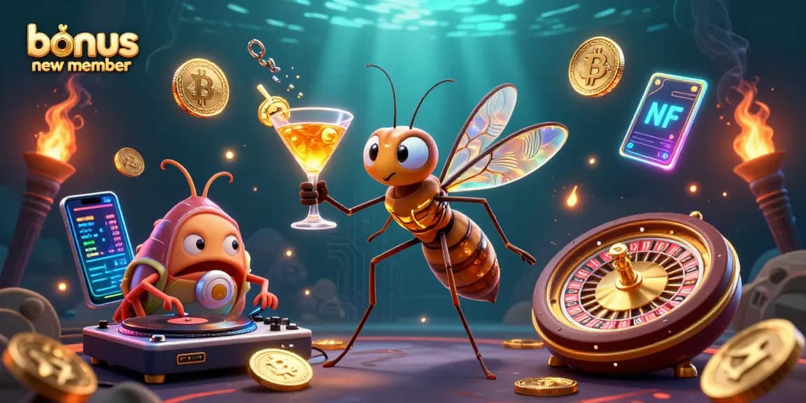 Engage with bonus new member offers in a vibrant casino scene featuring unique characters and crypto elements.