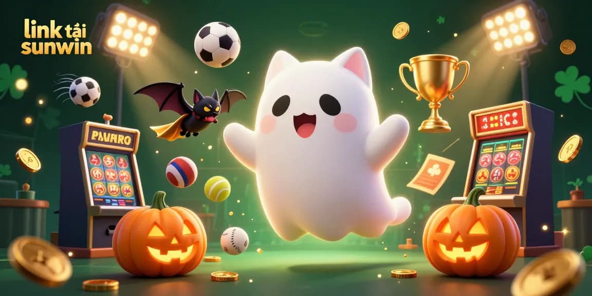 Experience the fun with link tải sunwin while enjoying a vibrant casino illustration of a ghost cat and a bat.