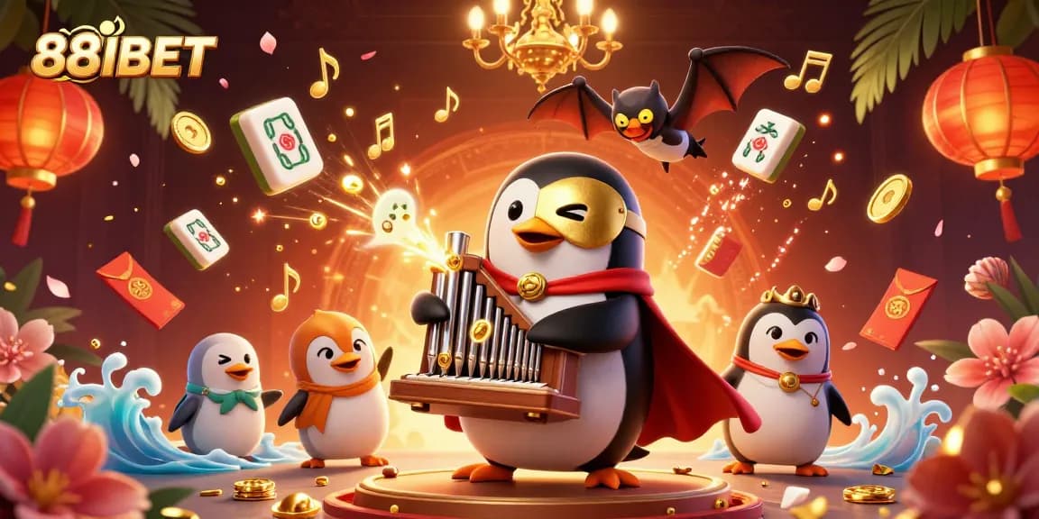 Engage with 88IBET's lively casino scene featuring a penguin, acrobat, and golden elements.