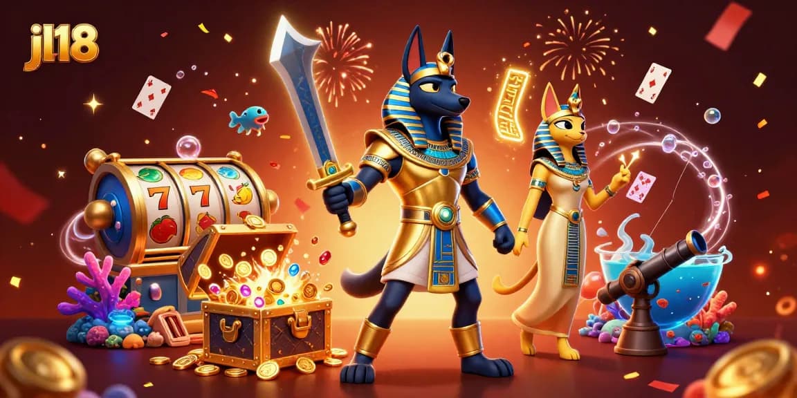 Play the thrilling slots at jl18 with Anubis and Bastet in an immersive casino scene.