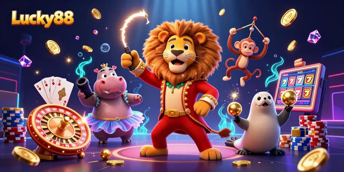 Spin the Lucky88 reels while enjoying a lively casino scene filled with colorful characters.