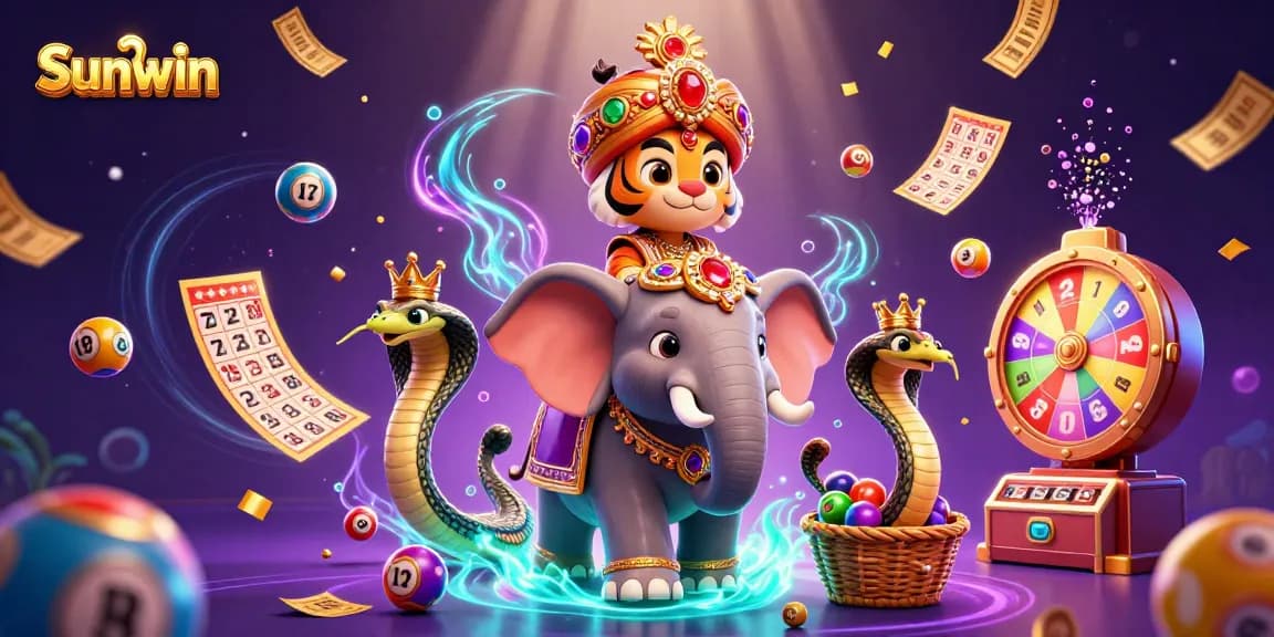 Experience Sunwin with a vibrant, dynamic casino scene featuring a Maharaja, elephant, and lottery elements.