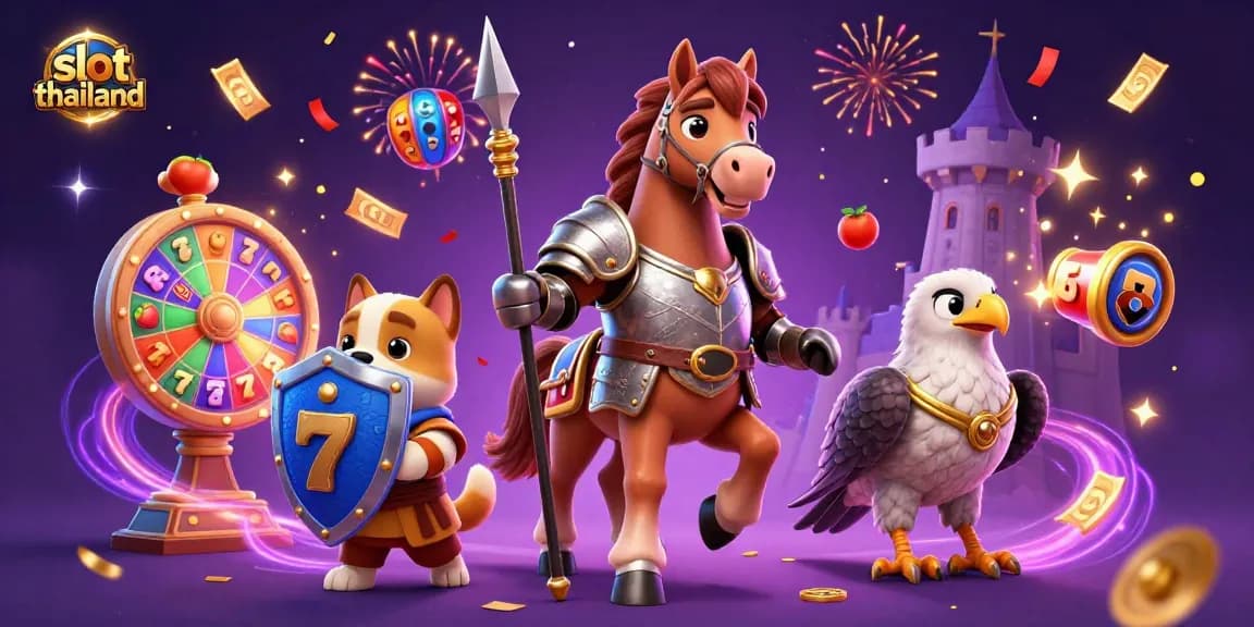 Experience the excitement of slot thailand with a lively casino scene featuring knights and symbols.