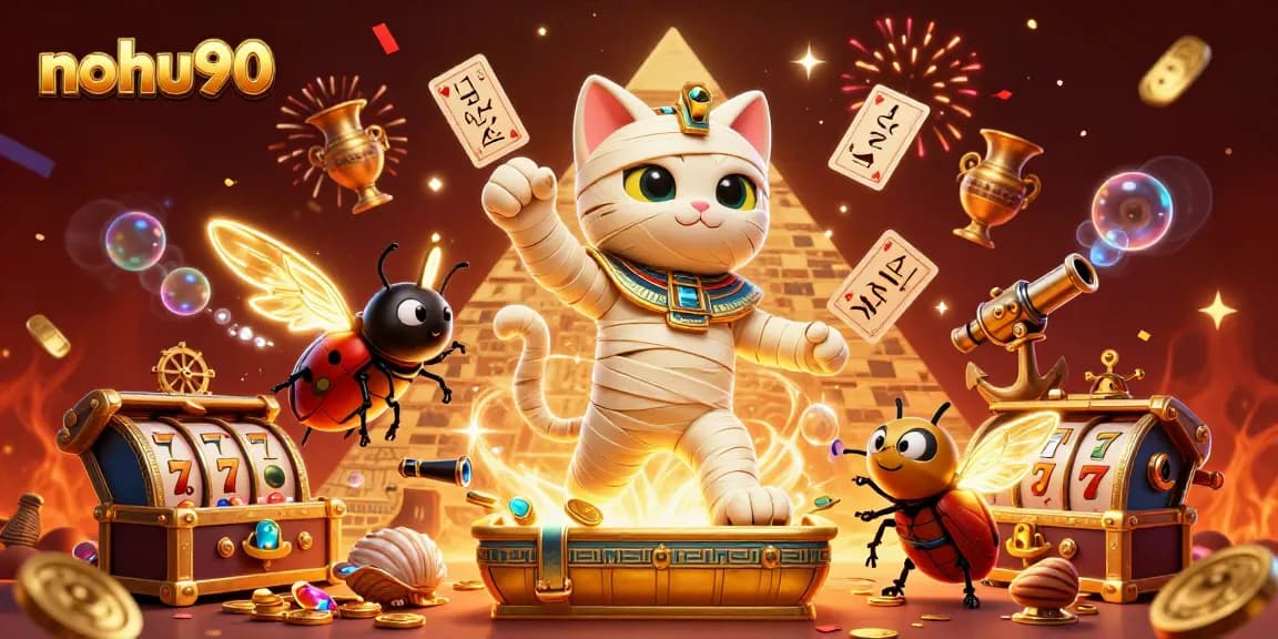 Nohu90's exciting 3D scene showcases a vibrant mummy cat, showcasing slots, treasure, and casino elements