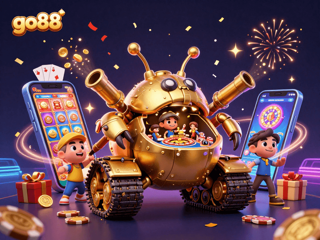 Experience the thrill of go88 with a dynamic 3D casino scene featuring a golden beetle tank.