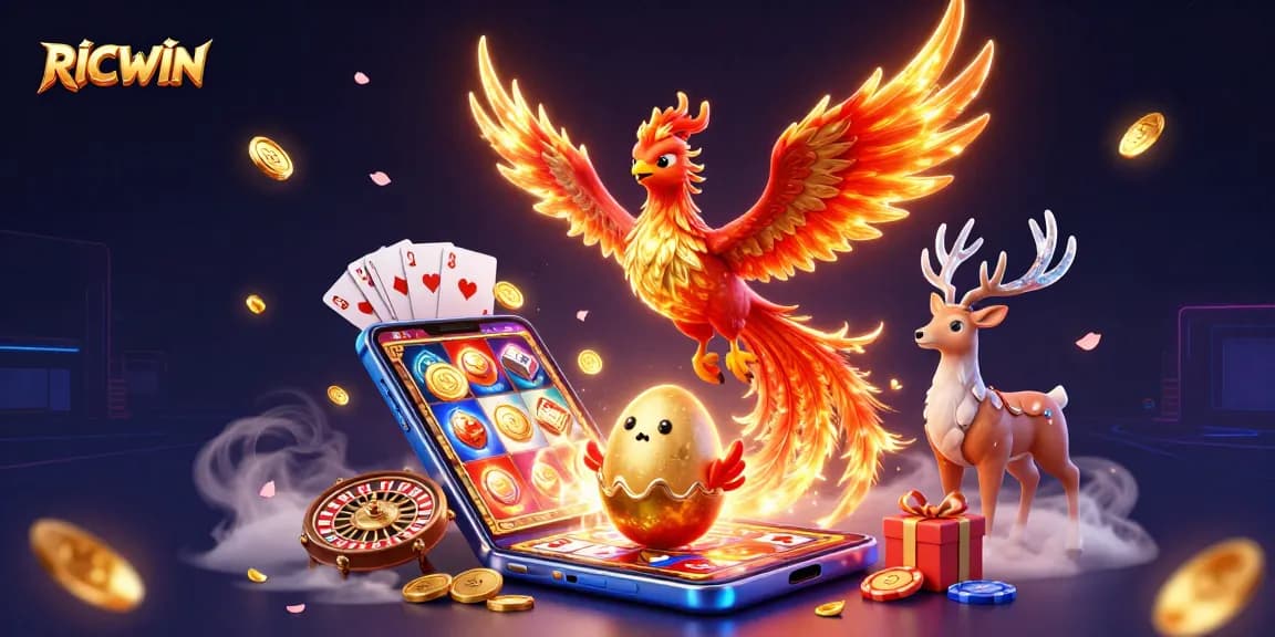 Experience the magical world of RICWIN with a vibrant fire phoenix soaring above dynamic casino elements.